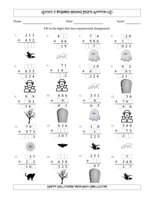The Ghostly Figures Missing Digits Addition (Easier Version) (G) Math Worksheet