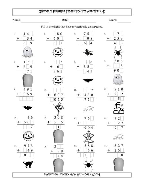 The Ghostly Figures Missing Digits Addition (Easier Version) (H) Math Worksheet