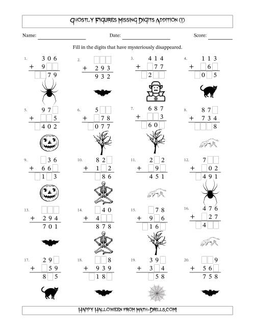 The Ghostly Figures Missing Digits Addition (Easier Version) (I) Math Worksheet