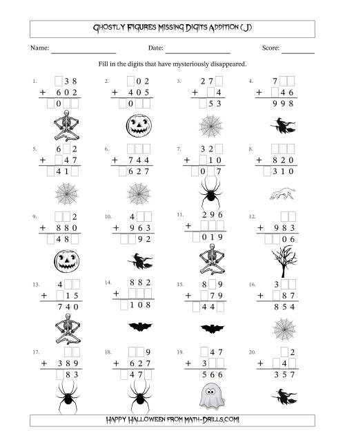 The Ghostly Figures Missing Digits Addition (Easier Version) (J) Math Worksheet