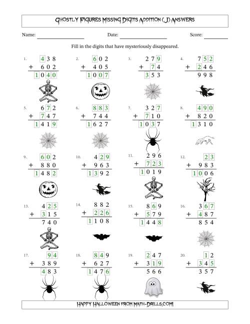 The Ghostly Figures Missing Digits Addition (Easier Version) (J) Math Worksheet Page 2