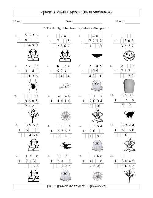 The Ghostly Figures Missing Digits Addition (Harder Version) (A) Math Worksheet