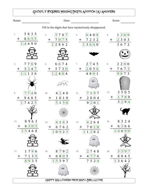 The Ghostly Figures Missing Digits Addition (Harder Version) (A) Math Worksheet Page 2