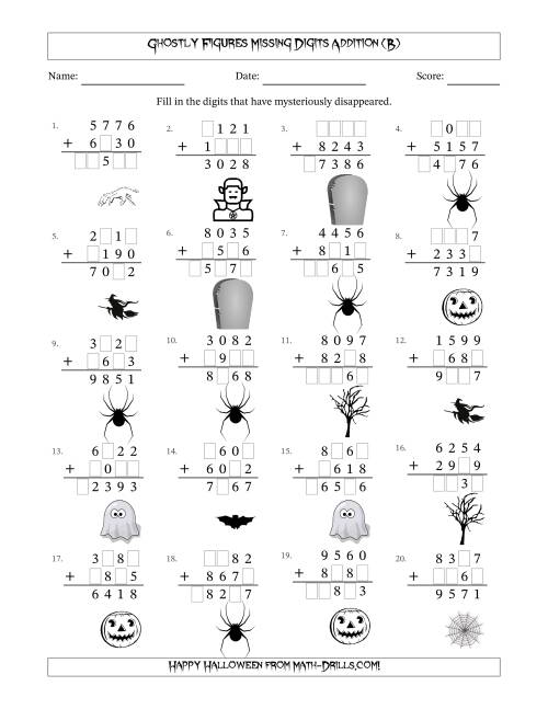 The Ghostly Figures Missing Digits Addition (Harder Version) (B) Math Worksheet