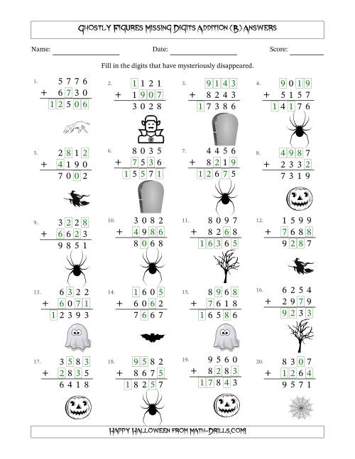 The Ghostly Figures Missing Digits Addition (Harder Version) (B) Math Worksheet Page 2