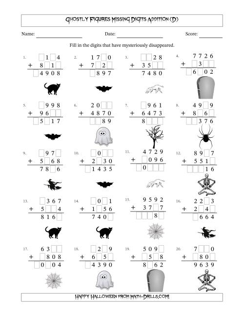The Ghostly Figures Missing Digits Addition (Harder Version) (D) Math Worksheet