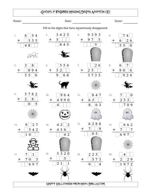 The Ghostly Figures Missing Digits Addition (Harder Version) (E) Math Worksheet