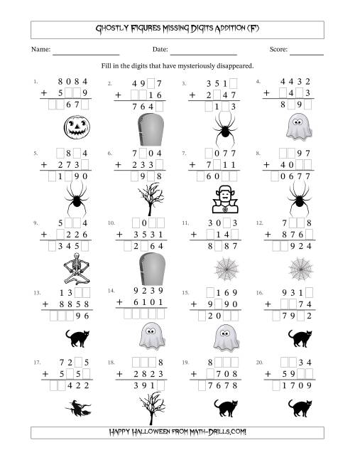 The Ghostly Figures Missing Digits Addition (Harder Version) (F) Math Worksheet