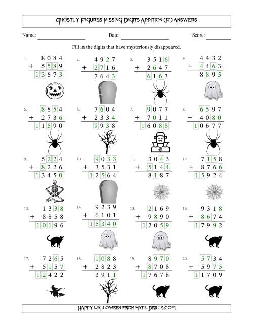 The Ghostly Figures Missing Digits Addition (Harder Version) (F) Math Worksheet Page 2