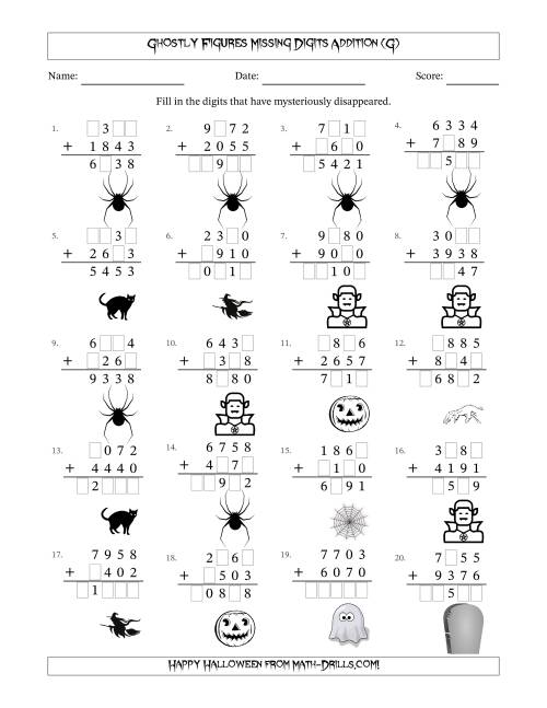 The Ghostly Figures Missing Digits Addition (Harder Version) (G) Math Worksheet