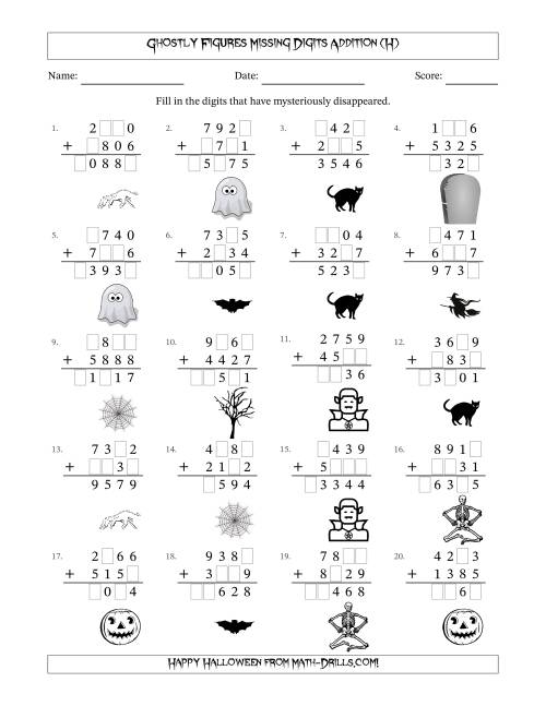 The Ghostly Figures Missing Digits Addition (Harder Version) (H) Math Worksheet