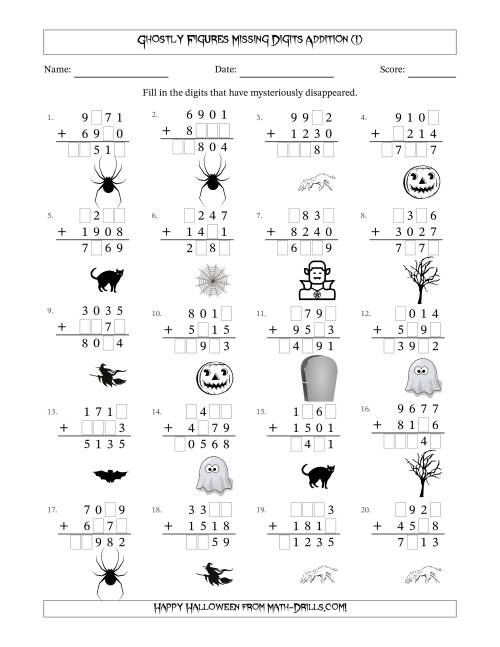 The Ghostly Figures Missing Digits Addition (Harder Version) (I) Math Worksheet