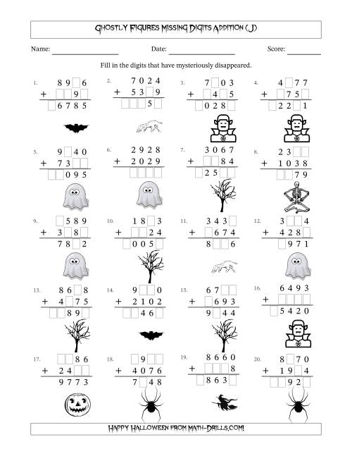 The Ghostly Figures Missing Digits Addition (Harder Version) (J) Math Worksheet