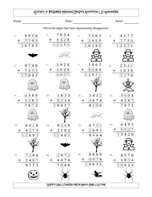 The Ghostly Figures Missing Digits Addition (Harder Version) (J) Math Worksheet Page 2