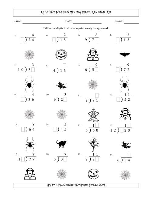 The Ghostly Figures Missing Digits Division (Easier Version) (D) Math Worksheet