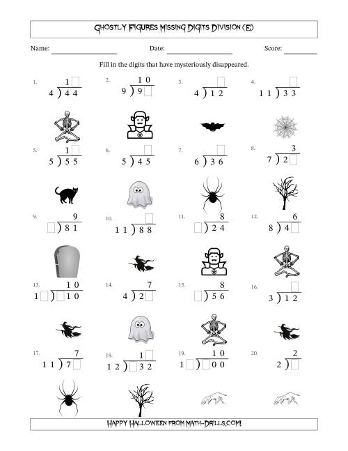 The Ghostly Figures Missing Digits Division (Easier Version) (E) Math Worksheet