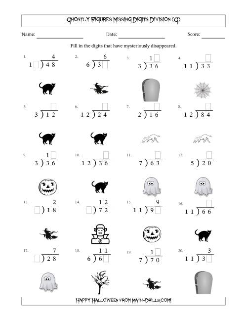 The Ghostly Figures Missing Digits Division (Easier Version) (G) Math Worksheet