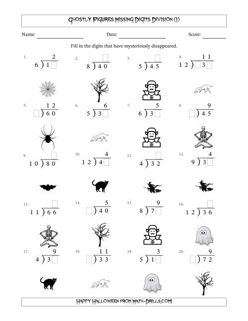 The Ghostly Figures Missing Digits Division (Easier Version) (I) Math Worksheet
