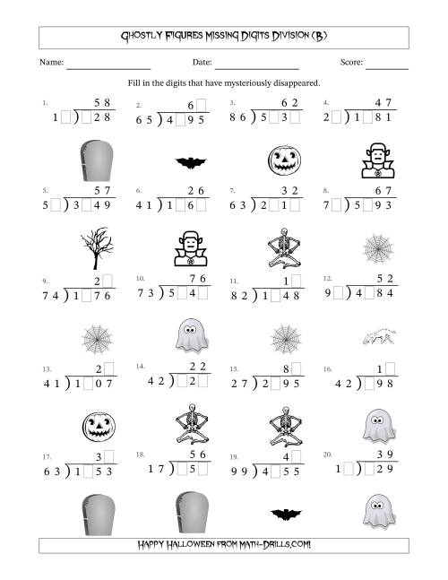 The Ghostly Figures Missing Digits Division (Harder Version) (B) Math Worksheet