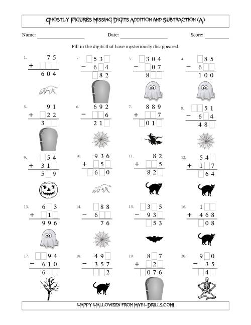 The Ghostly Figures Missing Digits Addition and Subtraction (Easier Version) (A) Math Worksheet