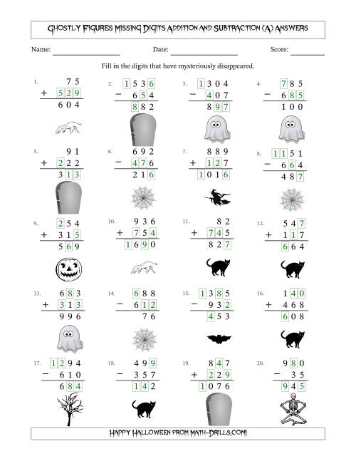 The Ghostly Figures Missing Digits Addition and Subtraction (Easier Version) (A) Math Worksheet Page 2