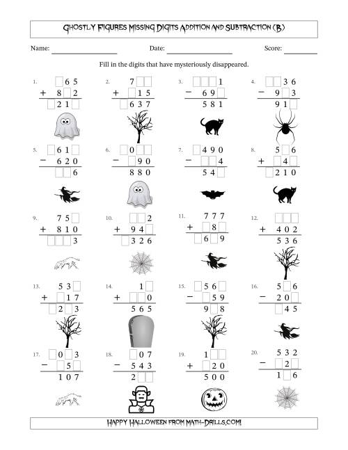 The Ghostly Figures Missing Digits Addition and Subtraction (Easier Version) (B) Math Worksheet