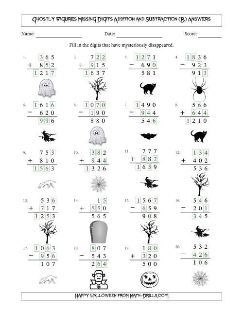 The Ghostly Figures Missing Digits Addition and Subtraction (Easier Version) (B) Math Worksheet Page 2
