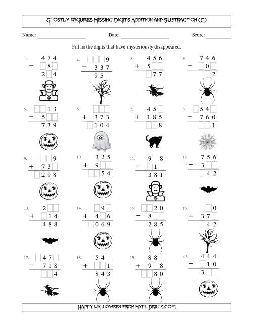 The Ghostly Figures Missing Digits Addition and Subtraction (Easier Version) (C) Math Worksheet