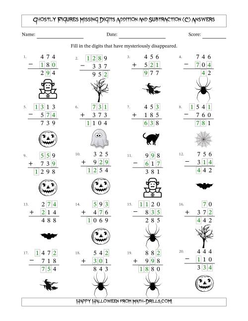 The Ghostly Figures Missing Digits Addition and Subtraction (Easier Version) (C) Math Worksheet Page 2