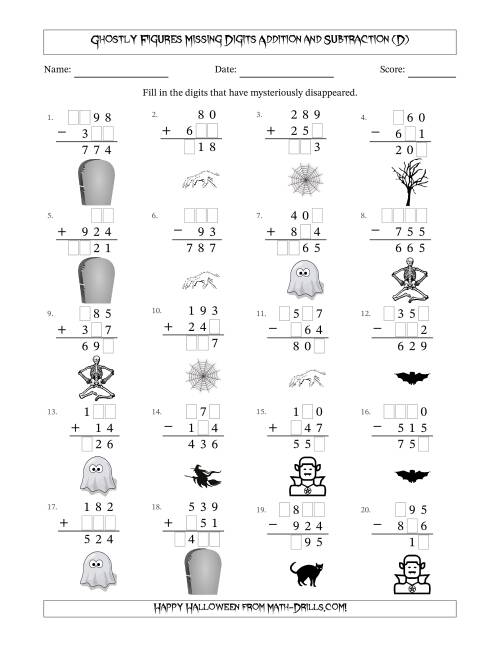 The Ghostly Figures Missing Digits Addition and Subtraction (Easier Version) (D) Math Worksheet