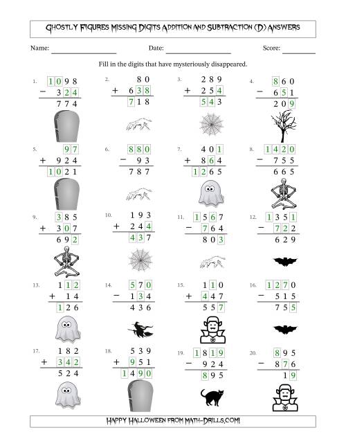 The Ghostly Figures Missing Digits Addition and Subtraction (Easier Version) (D) Math Worksheet Page 2