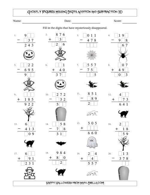 The Ghostly Figures Missing Digits Addition and Subtraction (Easier Version) (E) Math Worksheet