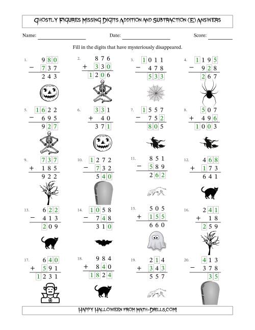 The Ghostly Figures Missing Digits Addition and Subtraction (Easier Version) (E) Math Worksheet Page 2