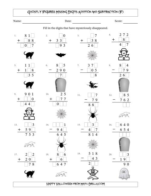The Ghostly Figures Missing Digits Addition and Subtraction (Easier Version) (F) Math Worksheet