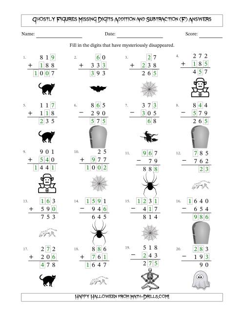 The Ghostly Figures Missing Digits Addition and Subtraction (Easier Version) (F) Math Worksheet Page 2