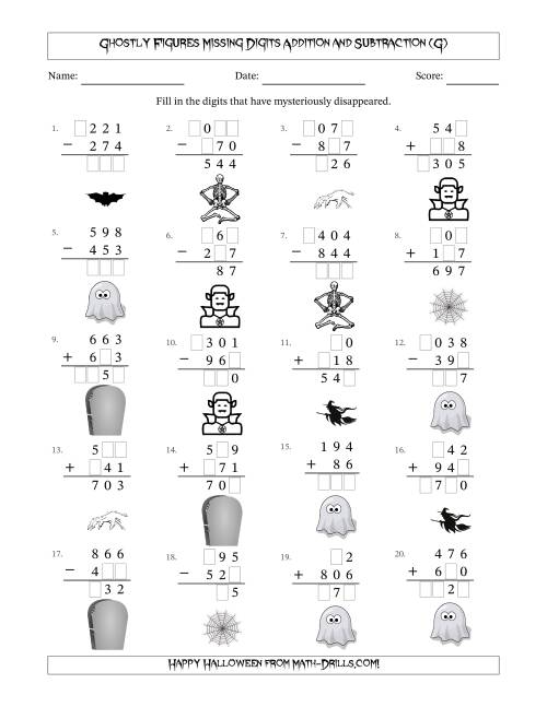 The Ghostly Figures Missing Digits Addition and Subtraction (Easier Version) (G) Math Worksheet