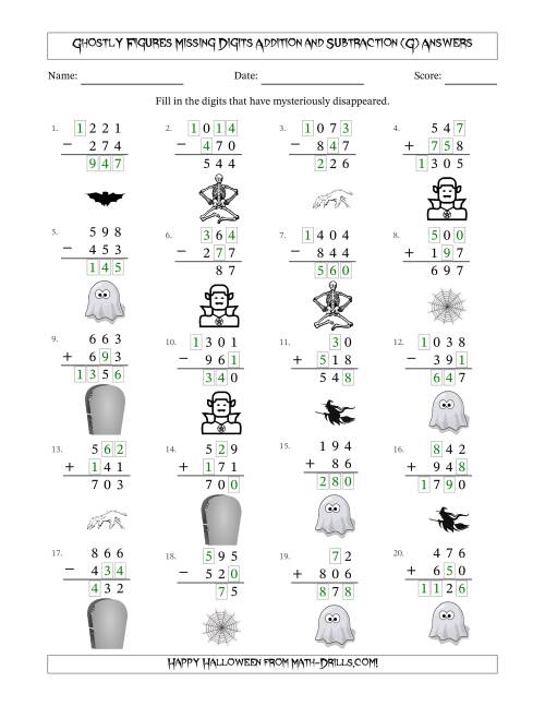 The Ghostly Figures Missing Digits Addition and Subtraction (Easier Version) (G) Math Worksheet Page 2