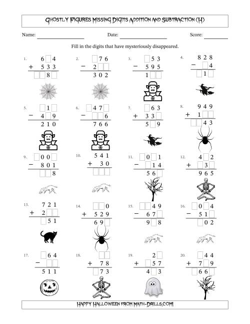The Ghostly Figures Missing Digits Addition and Subtraction (Easier Version) (H) Math Worksheet