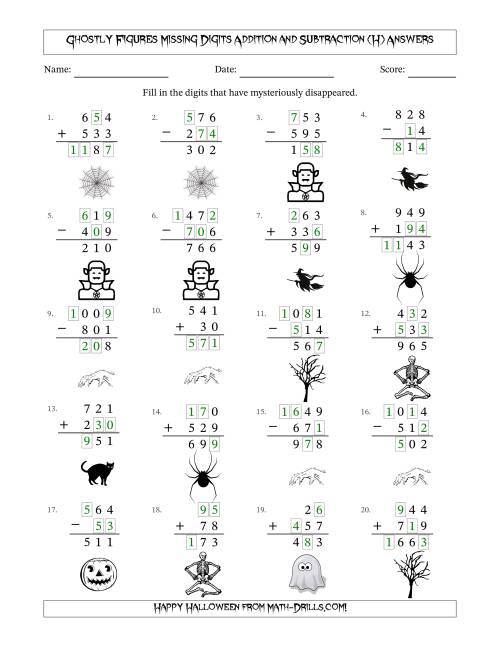 The Ghostly Figures Missing Digits Addition and Subtraction (Easier Version) (H) Math Worksheet Page 2