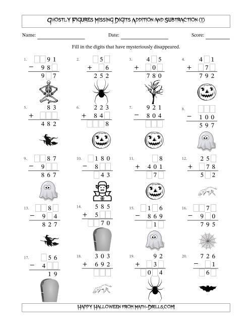The Ghostly Figures Missing Digits Addition and Subtraction (Easier Version) (I) Math Worksheet