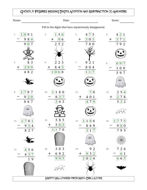The Ghostly Figures Missing Digits Addition and Subtraction (Easier Version) (I) Math Worksheet Page 2