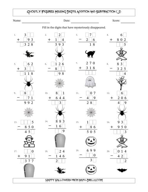 The Ghostly Figures Missing Digits Addition and Subtraction (Easier Version) (J) Math Worksheet