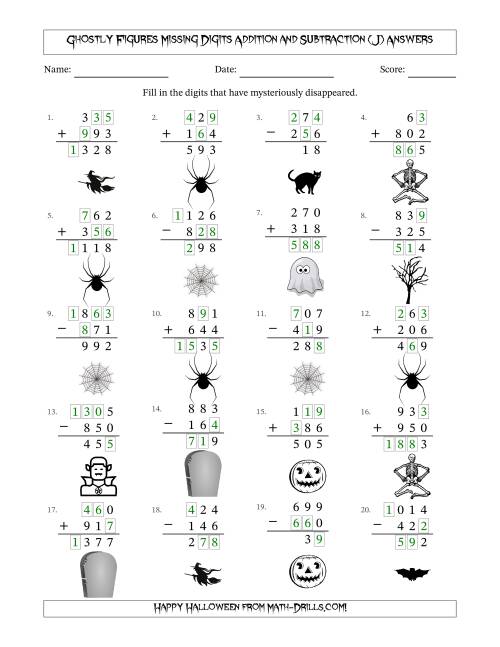 The Ghostly Figures Missing Digits Addition and Subtraction (Easier Version) (J) Math Worksheet Page 2