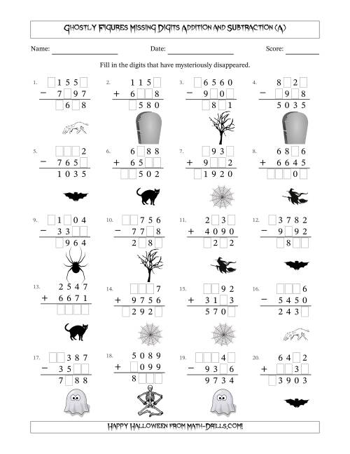 The Ghostly Figures Missing Digits Addition and Subtraction (Harder Version) (A) Math Worksheet