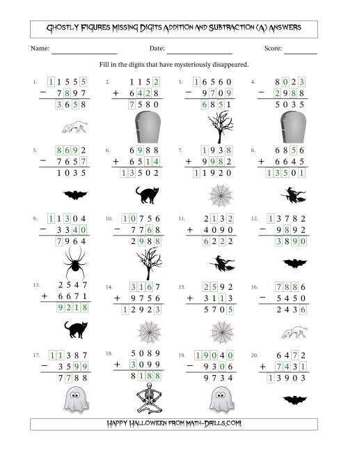 The Ghostly Figures Missing Digits Addition and Subtraction (Harder Version) (A) Math Worksheet Page 2