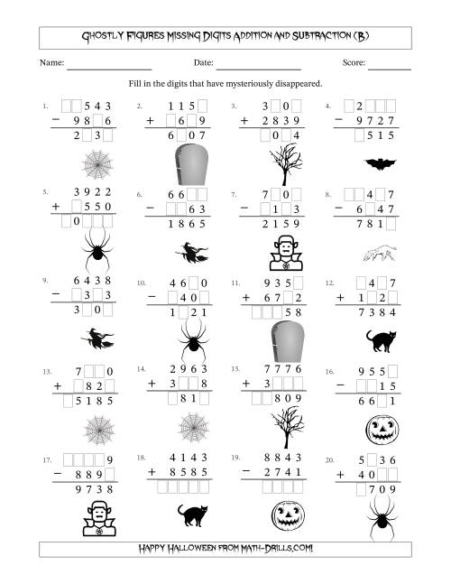 The Ghostly Figures Missing Digits Addition and Subtraction (Harder Version) (B) Math Worksheet
