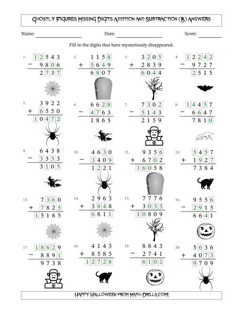 The Ghostly Figures Missing Digits Addition and Subtraction (Harder Version) (B) Math Worksheet Page 2