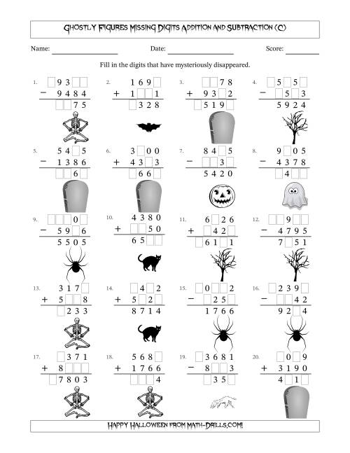 The Ghostly Figures Missing Digits Addition and Subtraction (Harder Version) (C) Math Worksheet