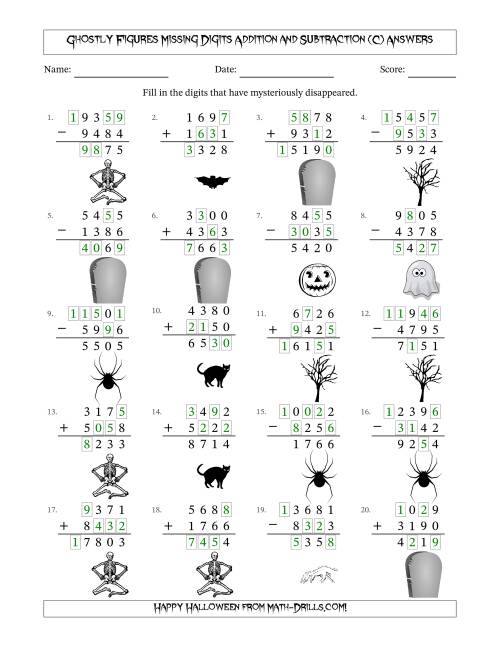 The Ghostly Figures Missing Digits Addition and Subtraction (Harder Version) (C) Math Worksheet Page 2