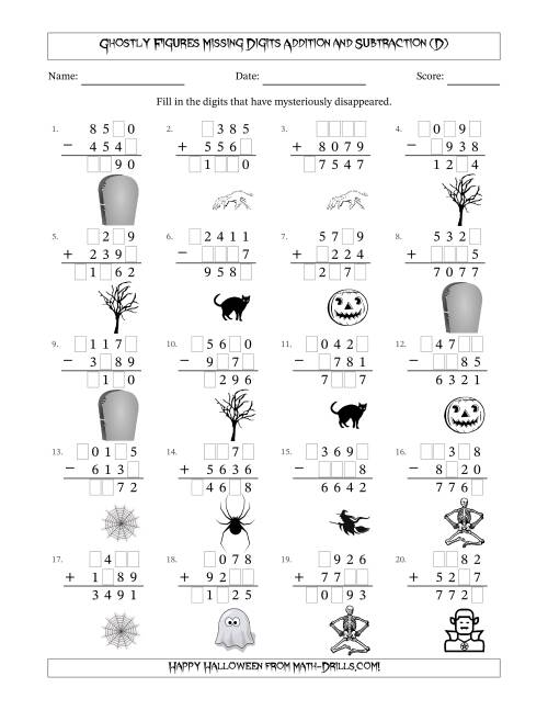 The Ghostly Figures Missing Digits Addition and Subtraction (Harder Version) (D) Math Worksheet